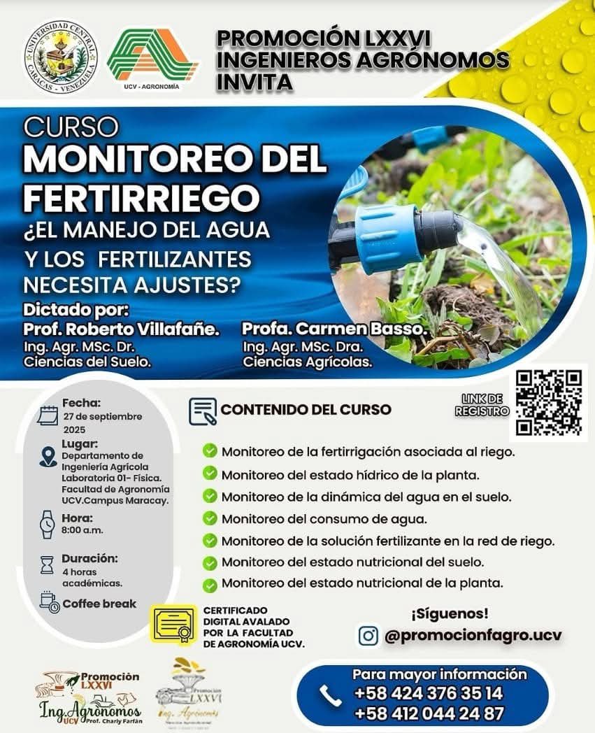 #Eventos Facultad de Agronomía de la UCV invita a curso presencial sobre Monitoreo de Fertirriego minutaagropecuaria.com/eventos/facult…