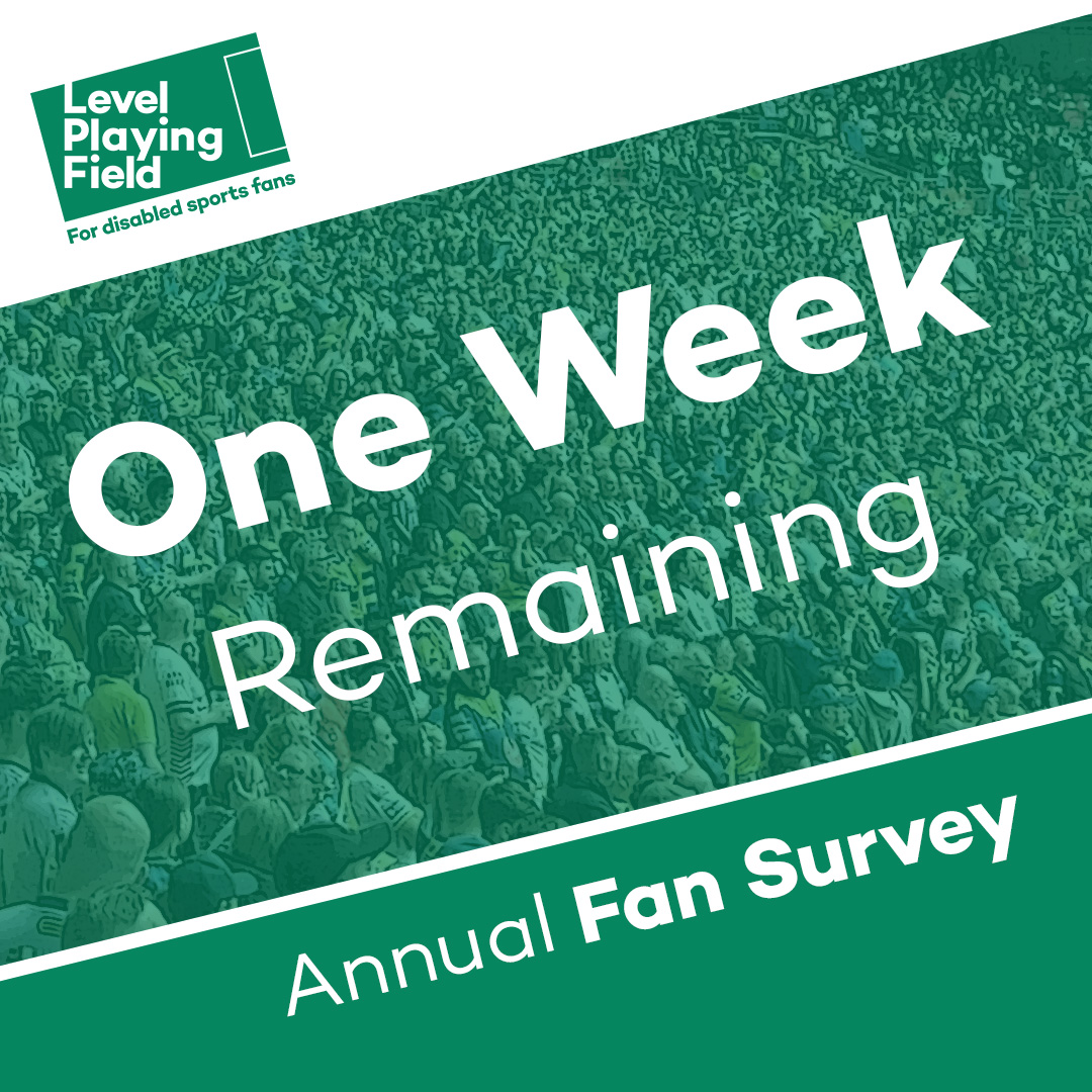 🗓️ The 2025 Level Playing Field Annual Fan Survey closes in one week!

Results inform the charity, clubs, governing bodies and other stakeholders, on experiences of disabled fans.

Complete the survey➡️surveymonkey.com/r/LPFSurvey2025
Further details➡️levelplayingfield.org.uk/news-item/2025…