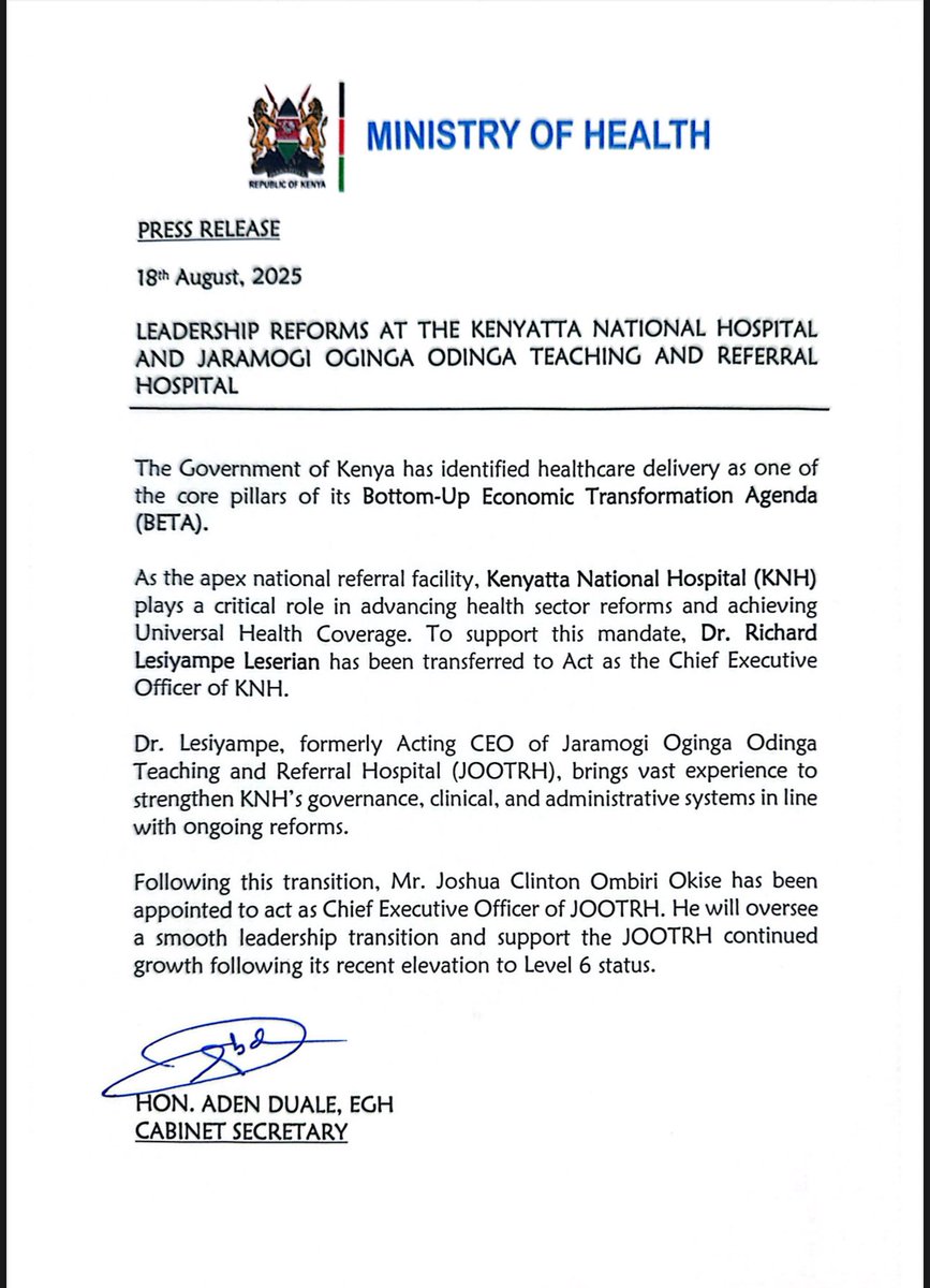 LEADERSHIP REFORMS AT THE KENYATTA NATIONAL HOSPITAL AND JARAMOGI OGINGA ODINGA TEACHING AND REFERRAL HOSPITAL