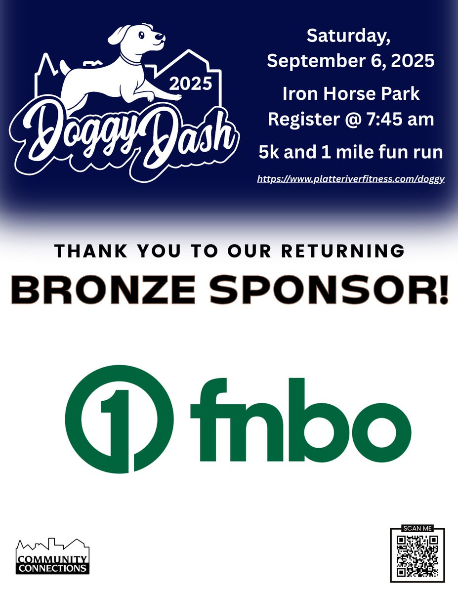 CommConnLC's tweet image. Huge thanks to our #DoggyDash2025 Bronze Sponsor, FNBO! 🌟
Your support strengthens mentoring &amp;amp; substance abuse prevention in Lincoln County—building a brighter, healthier future for youth &amp;amp; families.
Register @ link in bio.
#platteriverfitnessseries #CommunityConnections