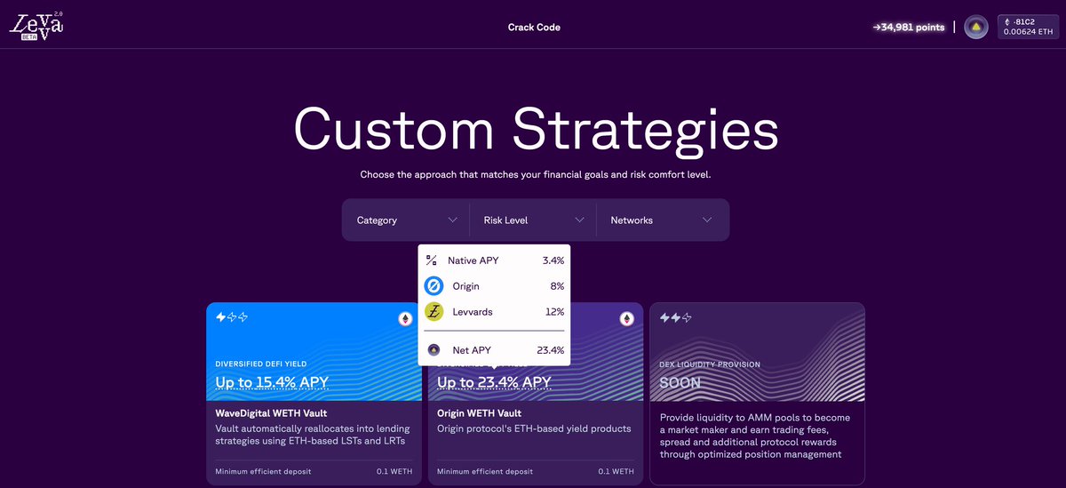 Crypto Ronny (@crypto_ronny01) on Twitter photo Earn Up to 23% APY on ETH — Seamlessly 🚀<a href="/levva_fi/">Levva</a>
No tab juggling. No manual farming.
The <a href="/OriginProtocol/">Origin Protocol</a> WETH Vault on Levva is now live — letting your ETH compound across 3 stacked yield streams:
Base ETH yield: 3–4%
Origin bonus: +8% (early rewards cap) Earn Up to 23% APY on ETH — Seamlessly 🚀<a href="/levva_fi/">Levva</a>
No tab juggling. No manual farming.
The <a href="/OriginProtocol/">Origin Protocol</a> WETH Vault on Levva is now live — letting your ETH compound across 3 stacked yield streams:
Base ETH yield: 3–4%
Origin bonus: +8% (early rewards cap)