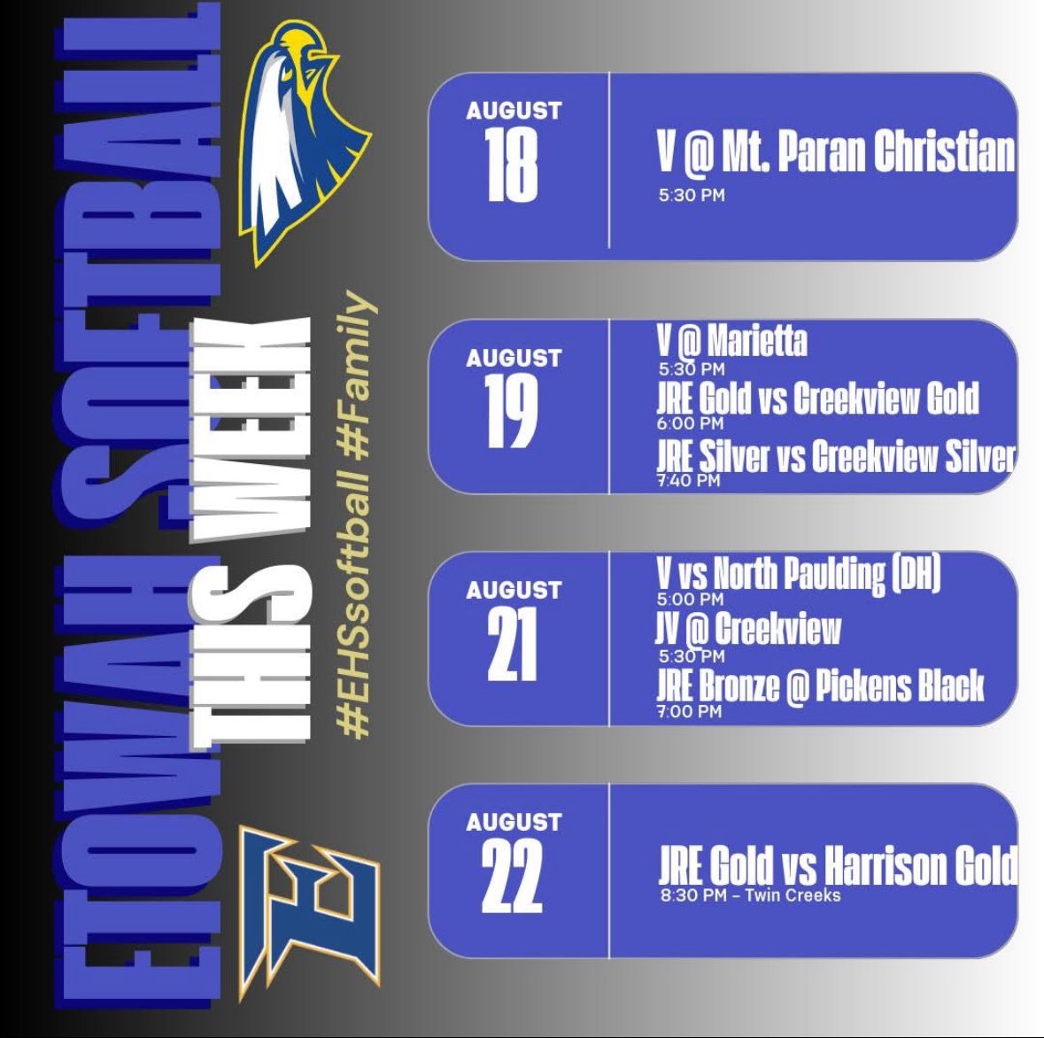Etowah Softball (@_etowahsoftball) on Twitter photo Another busy week ahead but excited to be able to watch the growth and compete!! #FAMILY Another busy week ahead but excited to be able to watch the growth and compete!! #FAMILY