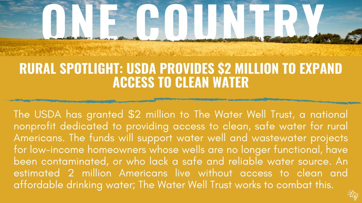 One Country Project (@_onecountry_) on Twitter photo Today's #RuralSpotlight recognizes @Waterwelltrust, which received a $2M grant from <a href="/USDA/">Dept. of Agriculture</a> to expand access to clean water in rural areas. The organization brings safe, affordable drinking water to rural Americans. Read more: finance.yahoo.com/news/water-wel… Today's #RuralSpotlight recognizes @Waterwelltrust, which received a $2M grant from <a href="/USDA/">Dept. of Agriculture</a> to expand access to clean water in rural areas. The organization brings safe, affordable drinking water to rural Americans. Read more: finance.yahoo.com/news/water-wel…