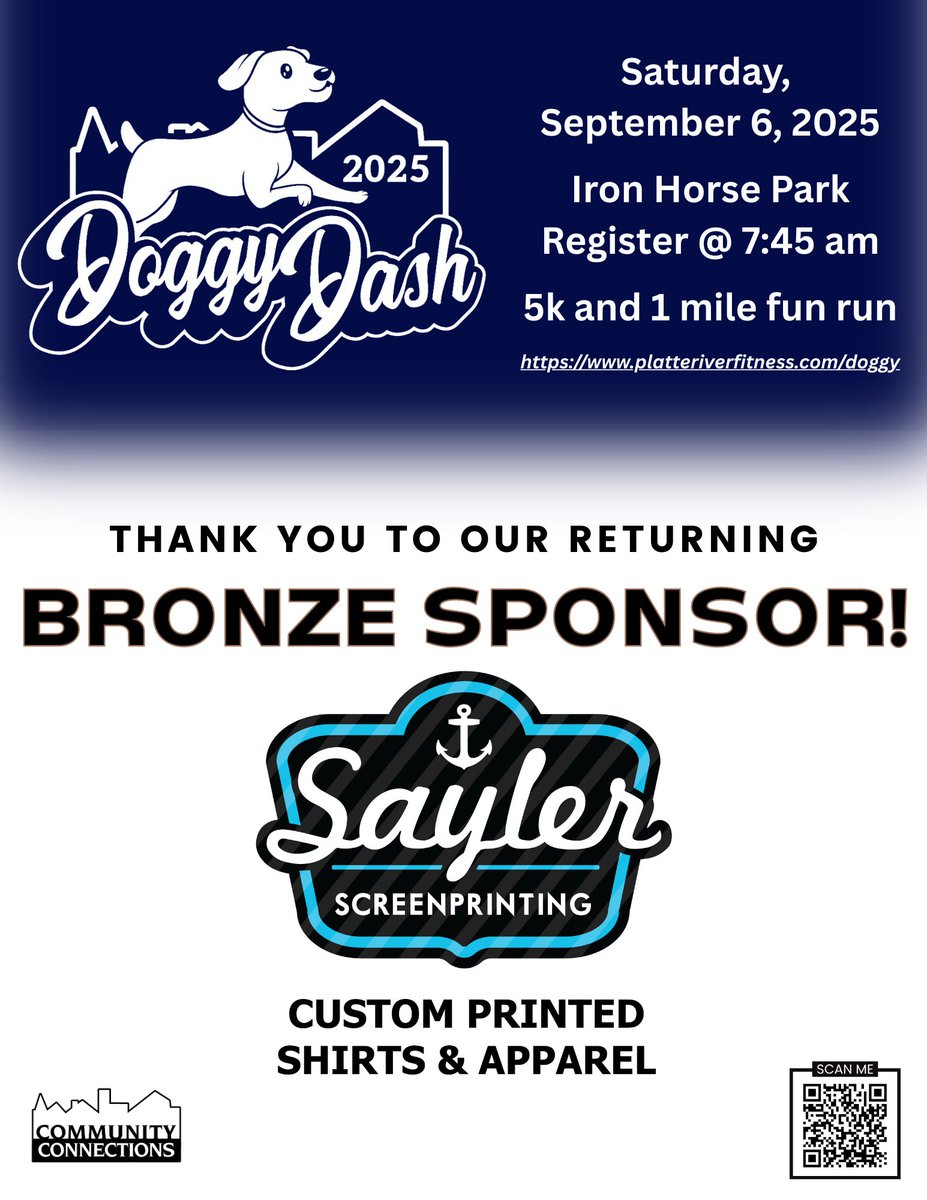 CommConnLC's tweet image. Huge thanks to our Doggy Dash 2025 Bronze Sponsor, Sayler Screenprinting! Your support helps youth mentoring &amp;amp; substance abuse prevention in Lincoln County. Join us Sept. 6 @ Iron Horse Park! 
Register @ link in bio.
#DoggyDash2025 #platteriverfitnessseries #CommunityConnections