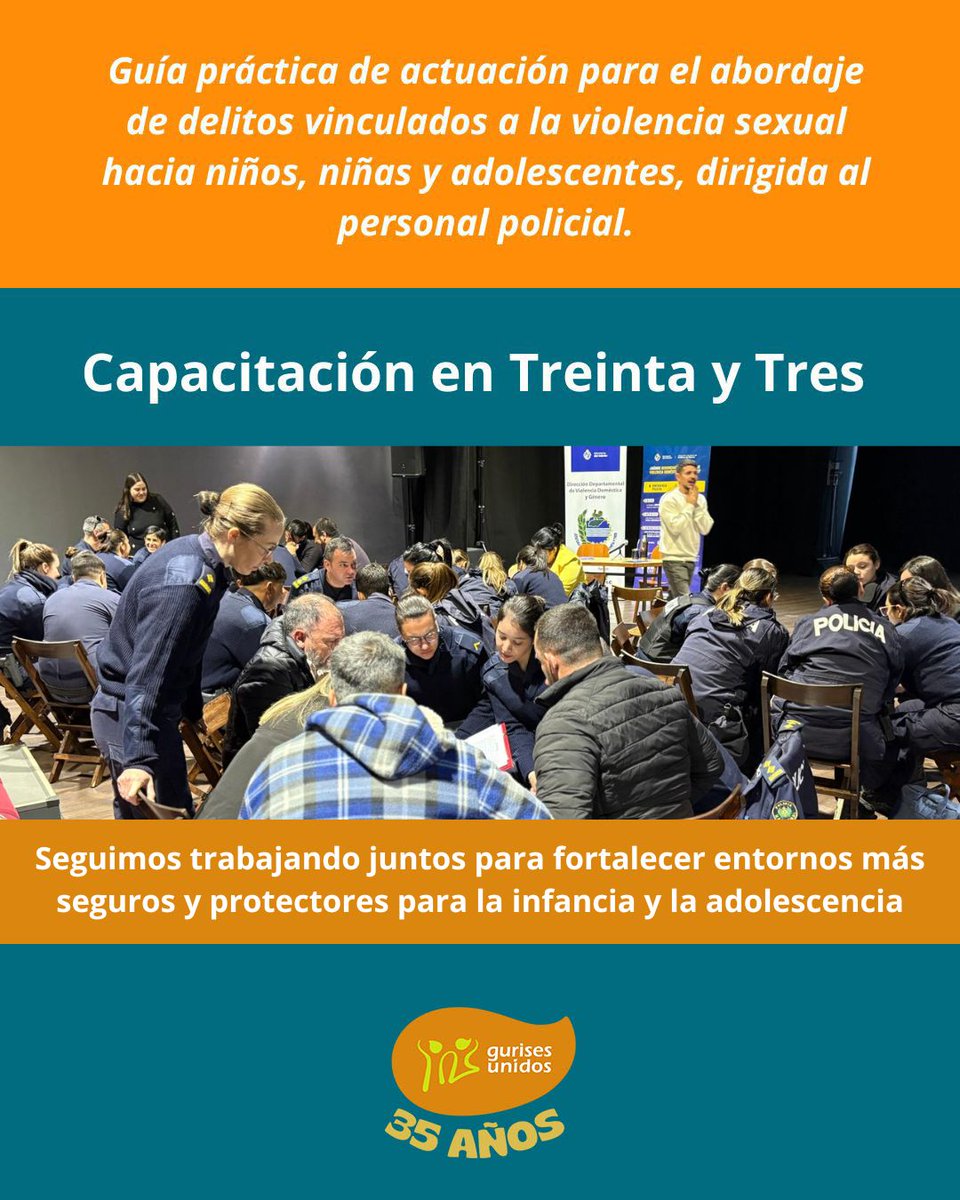 Esta instancia contó también con la participación del personal policial de Cerro Largo.  
Agradecemos el compromiso de quienes participaron y el apoyo de <a href="/minterioruy/">Ministerio del Interior</a> y @unfpa_uruguay  

#proteccióninfantil #capacitacion  #entornosprotectores #gurisesunidos35años