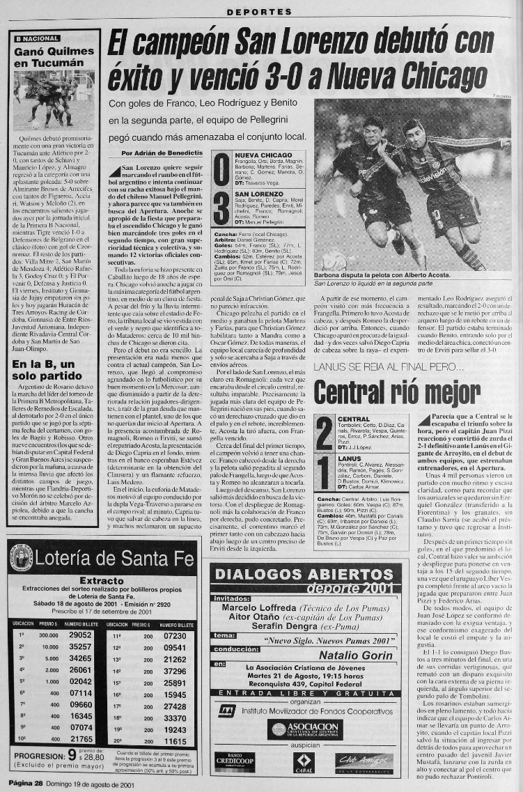 💙❤️💙
Chicago 0 San Lorenzo 3
18 Agosto 2001
Cancha Ferro
Goles de Franco, Leo Rodríguez y Felix Benito