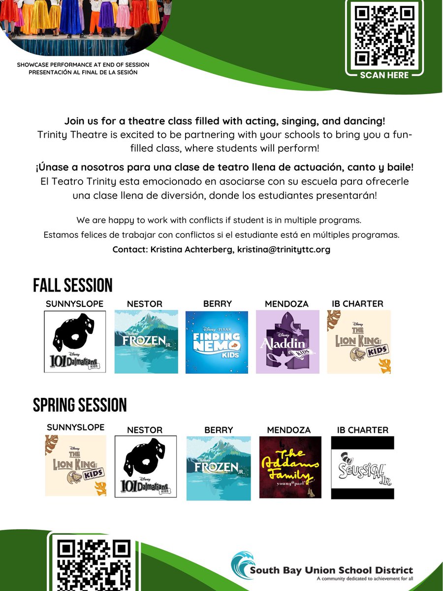 Mendoza Elementary (@mendozaexplorer) on Twitter photo Attention Mendoza Community,
A Trinity Theatre Company opportunity. Please see attached flyer and scan QR code if interested. Thank you.
<a href="/SBUSD_NEWS/">SBUSD NEWS</a> <a href="/Supt_SBUSD/">Jose A. Espinoza</a> Attention Mendoza Community,
A Trinity Theatre Company opportunity. Please see attached flyer and scan QR code if interested. Thank you.
<a href="/SBUSD_NEWS/">SBUSD NEWS</a> <a href="/Supt_SBUSD/">Jose A. Espinoza</a>