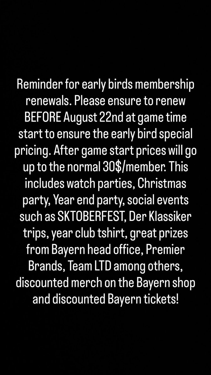 Reminder for early birds membership renewals. Please ensure to renew BEFORE August 22nd at game time start to ensure the early bird special pricing.
