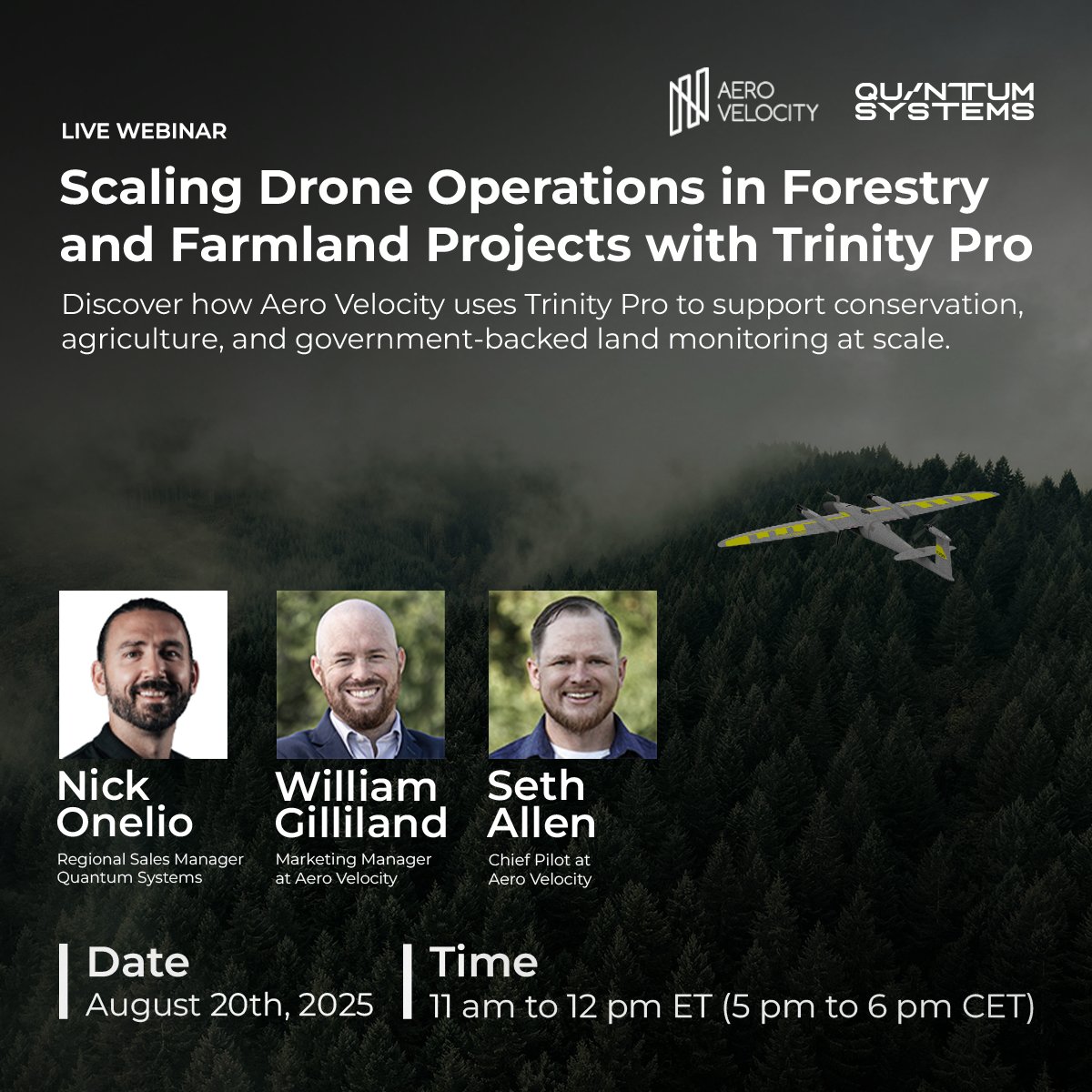 Quantum Systems &amp; Aero Velocity Webinar!

Discover how Aero Velocity uses the Trinity Pro to map over 300 acres per flight, collect LiDAR and multispectral data, and scale forestry and farmland monitoring.

Register now: ow.ly/cyWw50WGJt4

#frontierprecision #quantumsystems