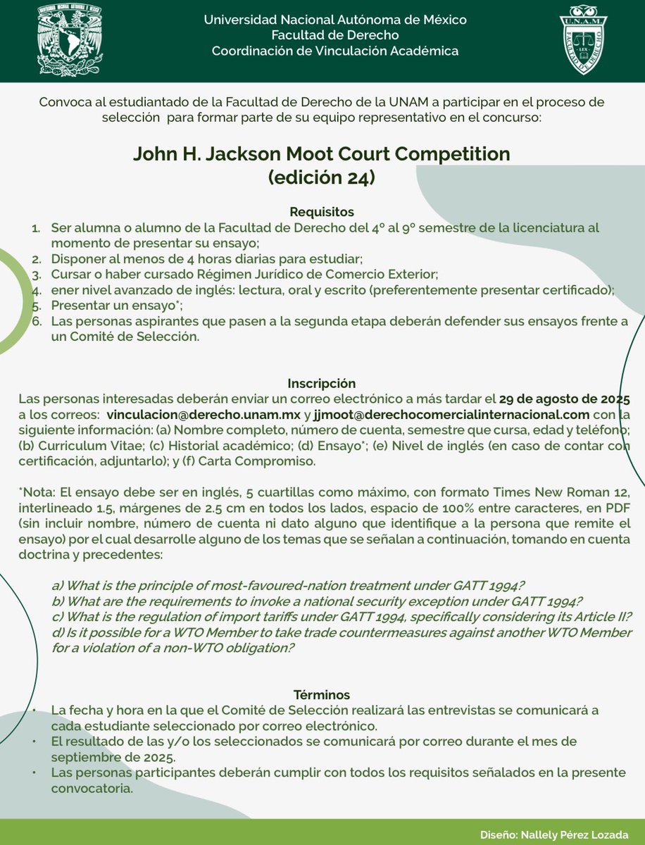 ⚖️🌍📚 Forma parte de la edición 24 del 𝙅𝙤𝙝𝙣 𝙃. 𝙅𝙖𝙘𝙠𝙨𝙤𝙣  𝙈𝙤𝙤𝙩 𝘾𝙤𝙪𝙧𝙩 𝘾𝙤𝙢𝙥𝙚𝙩𝙞𝙩𝙞𝙤𝙣. Demuestra tu talento en derecho  internacional y comercio exterior representando a nuestra Facultad en esta  competencia académica. Envía, image size:916x1200