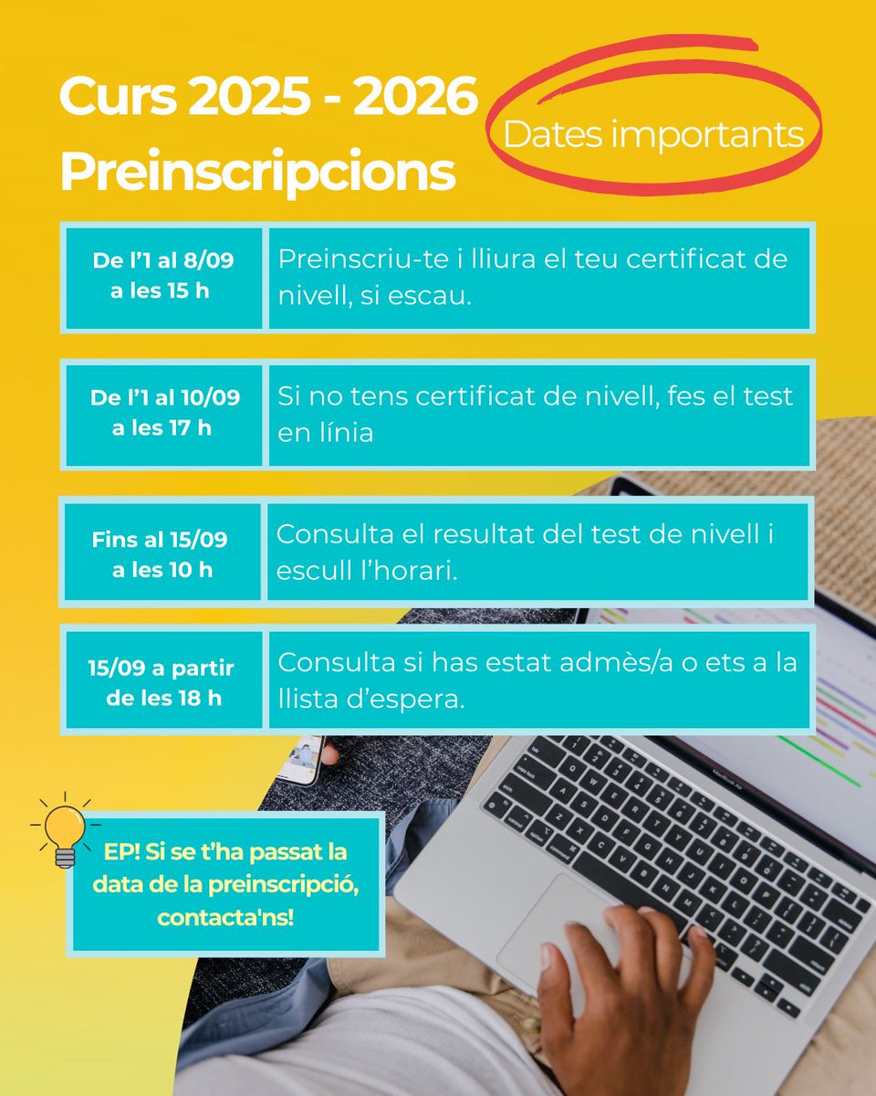 👉Dilluns 1 de setembre a les 12.00 h comença la preinscripció!
💡Ja has decidit quina llengua aprendràs aquest curs?
🌍Llença't als idiomes amb l'EOI Badalona!
Més informació a l'enllaç: agora-eoi.xtec.cat/eoibadalona/po…