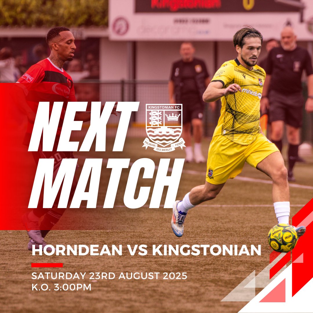 NEXT UP ⚽🔥
We’re back in action this Saturday!

🆚 Horndean
📅 Sat 23 Aug 2025
⏰ 3:00PM KO
📍 Five Heads Park, Horndean, Hampshire PO8 9NZ

Let’s keep pushing and bring the energy on the road 🙌

#UpTheKs #IsthmianLeague #NonLeagueFootball #Ksteamnews