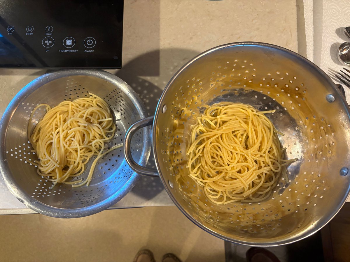 dundereloise's tweet photo. "No difference" people, you are victorious. 

We boiled 2 pots of water at the same time. In one, we used a tablespoon of salt per quart of water on the recommendation of Salt, Fat, Acid, Heat. We cooked Barilla spaghetti in both pots until al dente. After draining both, we salted the un-salted pasta until the saltiness level was similar to the pre-salted one. In a randomized blind taste test (no sauce), salting before vs after didn’t make a difference. In a separate randomized blind texture test (feeling with hand) neither of us could correctly tell which was which.