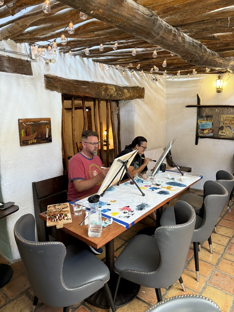 shadowwarscast's tweet photo. Had a great painting class yesterday at Wine Down Socorro. What a fantastic facility (students got 15% off food and drinks). Hoping to have another class soon. #BobRoss #Ipaintedthat #HappyTrees #oilpainting https://t.co/LsjssJsog5