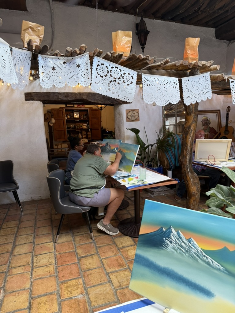 Had a great painting class yesterday at Wine Down Socorro. What a fantastic facility (students got 15% off food and drinks). Hoping to have another class soon. #BobRoss #Ipaintedthat #HappyTrees #oilpainting