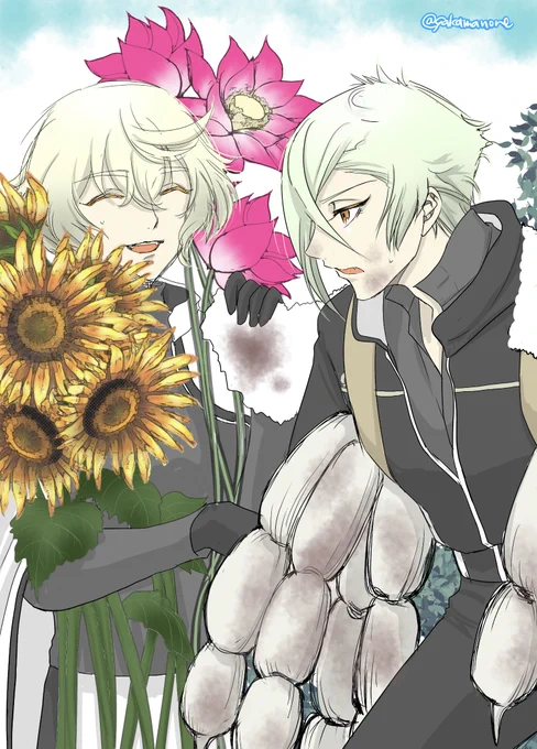 お題【花(向日葵/蓮)】 #大根どろらい膝髭 汗びっしょりだね、お疲れ様…あっ… ?どうかしたのか? いやぁ…汗も滴る良い男を拭いちゃったら…台無しだなって… ………手拭いが汚れているな… …☆(ゝڡ∂)テヘペロ (愛いから許す)