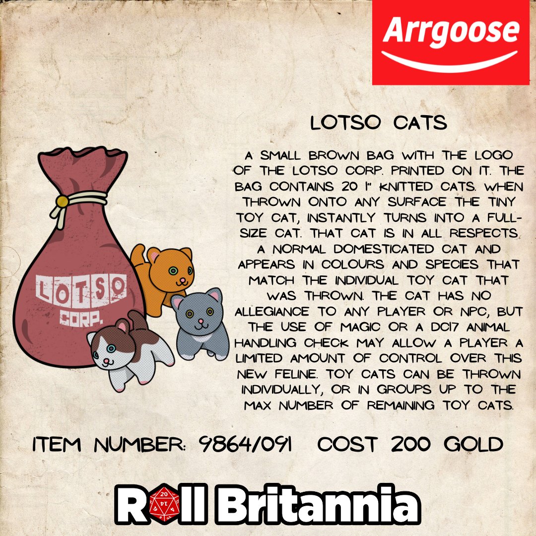 RollBritannia's tweet photo. Join us as we dive deep into the Arrgoose Catalogue! Here we have another of Jeff's favourites the Lotso Cats.... Just don't open it around Keth! - Arrg-Oose
#dnd #dnditems #magicalitem #dndmagicitems #arrgoose #angrygoose https://t.co/FxSlOcFKly