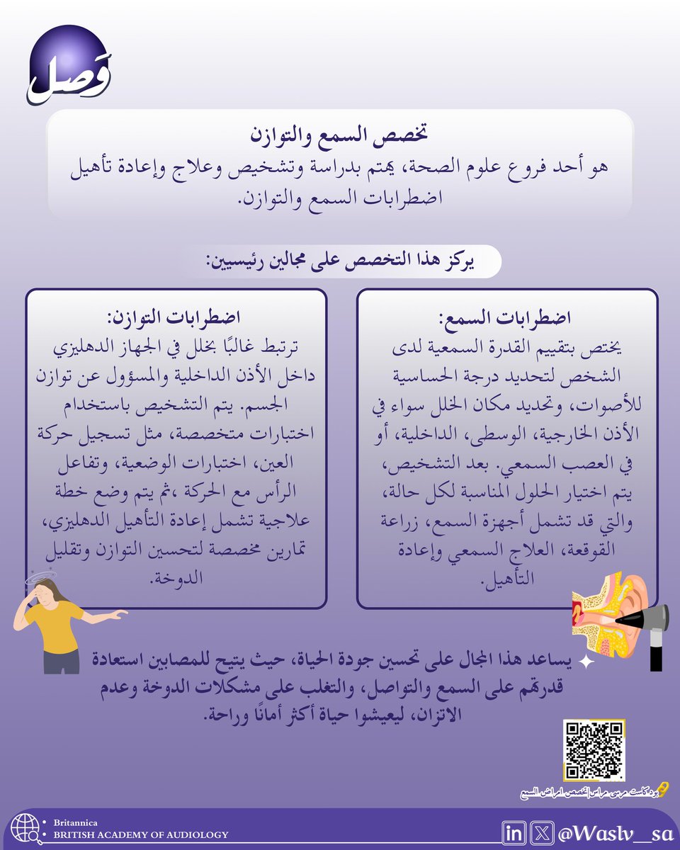 Waslv_sa's tweet photo. هل قد فكرت يوم إن تخصص كامل يهتم بسمعك وتوازنك؟ 👂
من التشخيص للعلاج… سمعك وتوازنك في أمان. 💜

كتابة: فاطمة آل شرف
تدقيق: ريماس الغامدي
تصميم: ريم الهملان

#Wasl_club
 #وصل https://t.co/2G2waPoybO