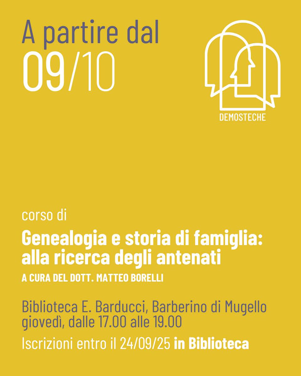 Sono lieto di annunciare che giovedì 𝟗 𝐨𝐭𝐭𝐨𝐛𝐫𝐞 𝟐𝟎𝟐𝟓 prenderà il via il mio corso «𝐆𝐄𝐍𝐄𝐀𝐋𝐎𝐆𝐈𝐀 𝐄 𝐒𝐓𝐎𝐑𝐈𝐀 𝐃𝐈 𝐅𝐀𝐌𝐈𝐆𝐋𝐈𝐀» presso la 𝐁𝐢𝐛𝐥𝐢𝐨𝐭𝐞𝐜𝐚 𝐜𝐨𝐦𝐮𝐧𝐚𝐥𝐞 "𝐄𝐫𝐧𝐞𝐬𝐭𝐨 𝐁𝐚𝐥𝐝𝐮𝐜𝐜𝐢" 𝐝𝐢 𝐁𝐚𝐫𝐛𝐞𝐫𝐢𝐧𝐨 𝐝𝐢 𝐌𝐮𝐠𝐞𝐥𝐥𝐨.