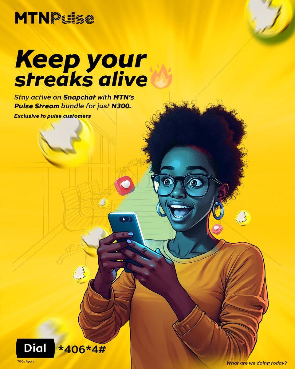 MTNNG's tweet image. Snap every day, keep your streaks alive! 

Get 1GB for 3 days at just ₦300 with MTN Pulse Stream.

Dial *406*4# now!

#MTNPulseStreamBundle
#StayConnected
