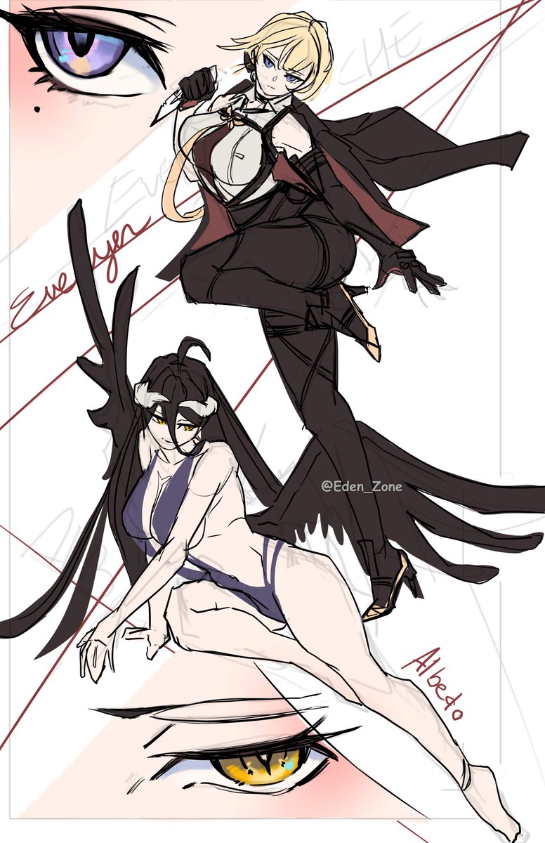 Eden_Zone's tweet photo. Hello! Sorry for my absence. I am starting school again among some other stuff, but I still intend to post as much as possible! Here's a WIP to two of my favorite badasses, Evelyn and Albedo! (who also happen to have the same EN VA! 😏🤌✨) #albedooverlord #EvelynZZZ https://t.co/gd64a5vIsA