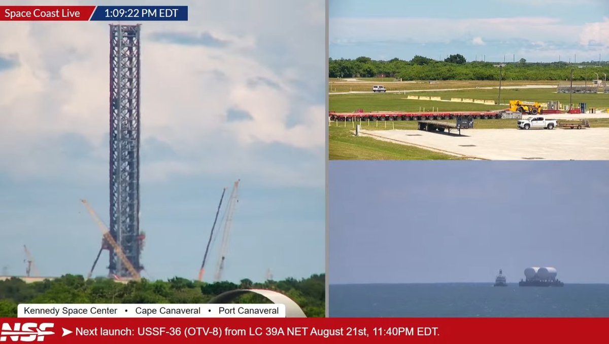 More cryogneic tanks inbound to Kennedy Space Center by barge today. SPMTs staged at the KSC turn basin to unload it (probably towards 39A....)

nsf.live/spacecoast