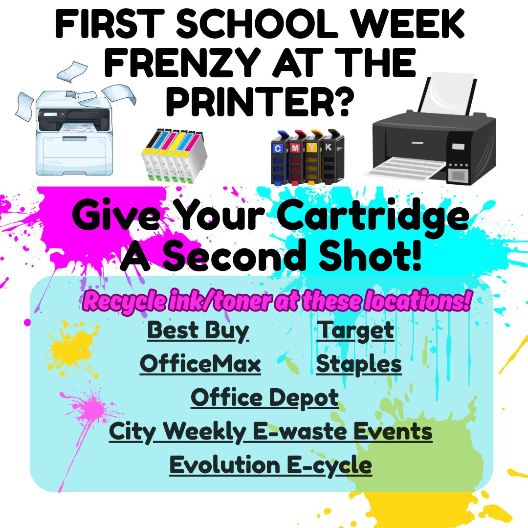 Is your printer already out of ink/toner as you are getting ready for back-to-school? Consider giving your cartridge a second shot, by recycling it at a Best Buy, OfficeMax, Office Depot, Target, Staples, or Evolution E-cycling. *This is a non-exclusive list*