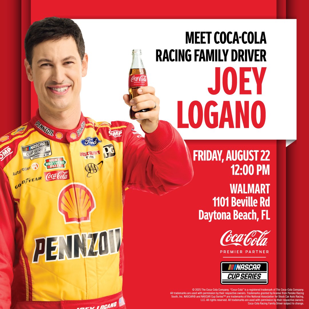 Joey Logano (@joeylogano) on Twitter photo This Friday, I’ll be at the Walmart in Daytona Beach at 12:00pm ET before I head to the track. (Only 150 wristbands will be distributed that day to secure a spot in line)
📍Walmart 1101 Bevulle Rd Daytona Beach, FL 32119
<a href="/CocaColaRacing/">Coca-Cola Racing</a> | #CokePartner | #NASCAR This Friday, I’ll be at the Walmart in Daytona Beach at 12:00pm ET before I head to the track. (Only 150 wristbands will be distributed that day to secure a spot in line)
📍Walmart 1101 Bevulle Rd Daytona Beach, FL 32119
<a href="/CocaColaRacing/">Coca-Cola Racing</a> | #CokePartner | #NASCAR