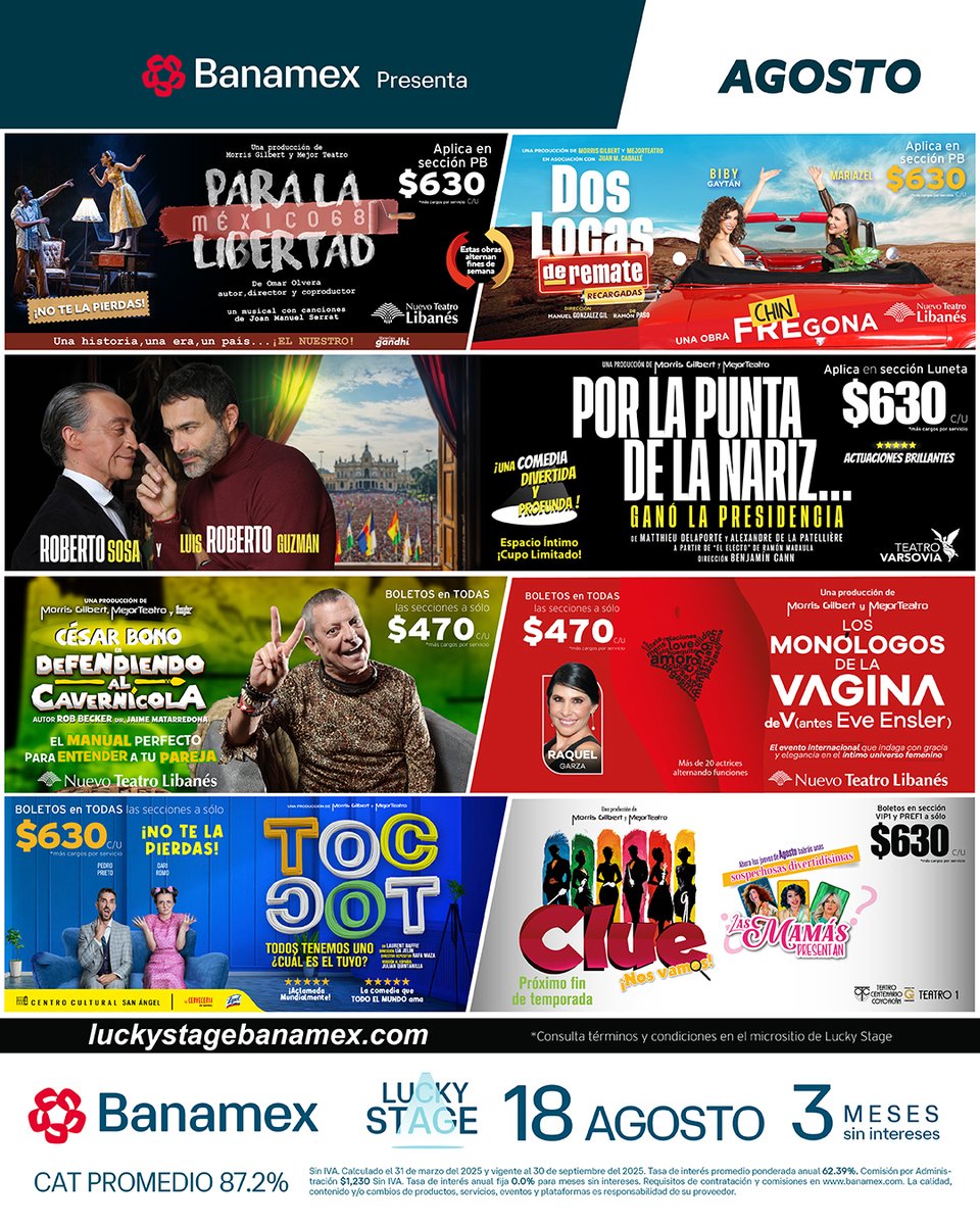 mejorteatro's tweet photo. Aprovecha los beneficios exclusivos que @banamex tiene para ti este lunes de #LuckyStage y disfruta del #MejorTeatro e increíbles #ExperienciasBanamex.

@PLaLibertadMX | @DosLocasMex
@PorLaPuntaDeLa
@DefendiendoAl | @MonologosVagMex
@toctocobra | @clueobramx
🎟️ https://t.co/THjeOse5XR