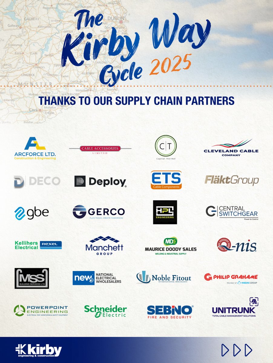 Only days to go until the Kirby Way Cycle 2025! We're very grateful to our supply chain partners whose support and generosity.

If you'd like to support our chosen charities, donations can be made on the link below. Click here: idonate.ie/fundraiser/Kir…

#KirbyWayCycle2025