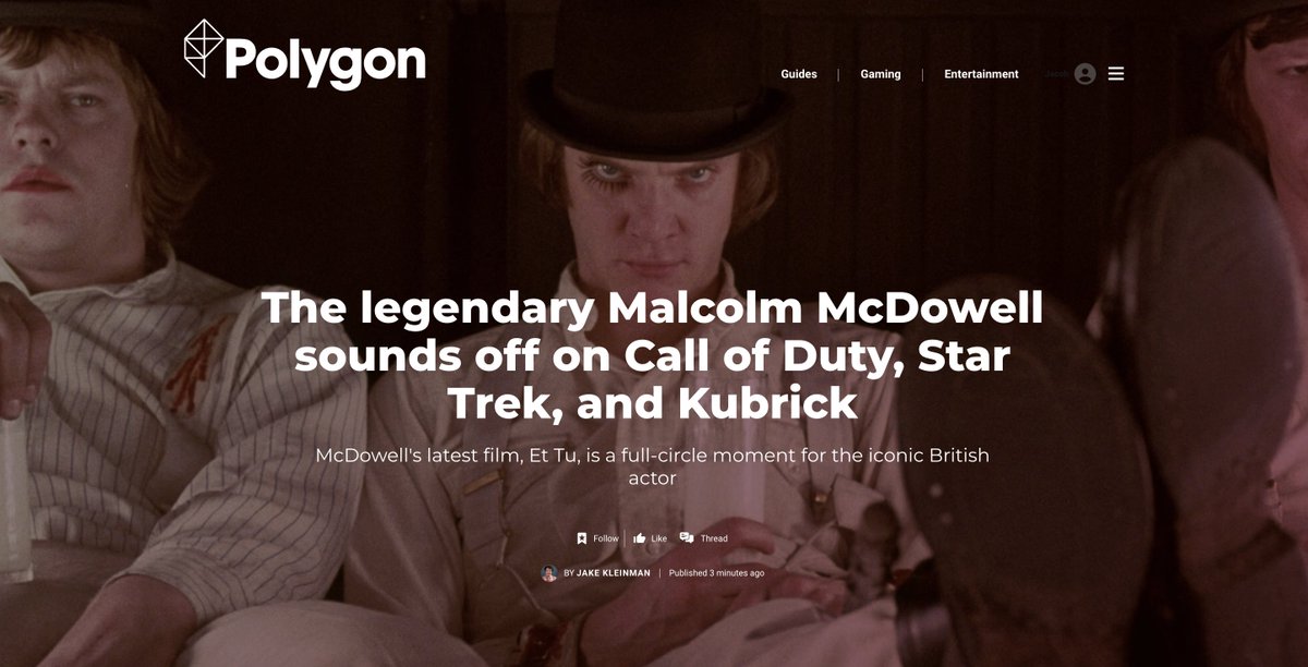 I had a very fun conversation with Malcom McDowell in which he talked about his favorite video game voice acting roles and took hilarious swipes at William Shatner and Stanley Kubrick polygon.com/malcolm-mcdowe…