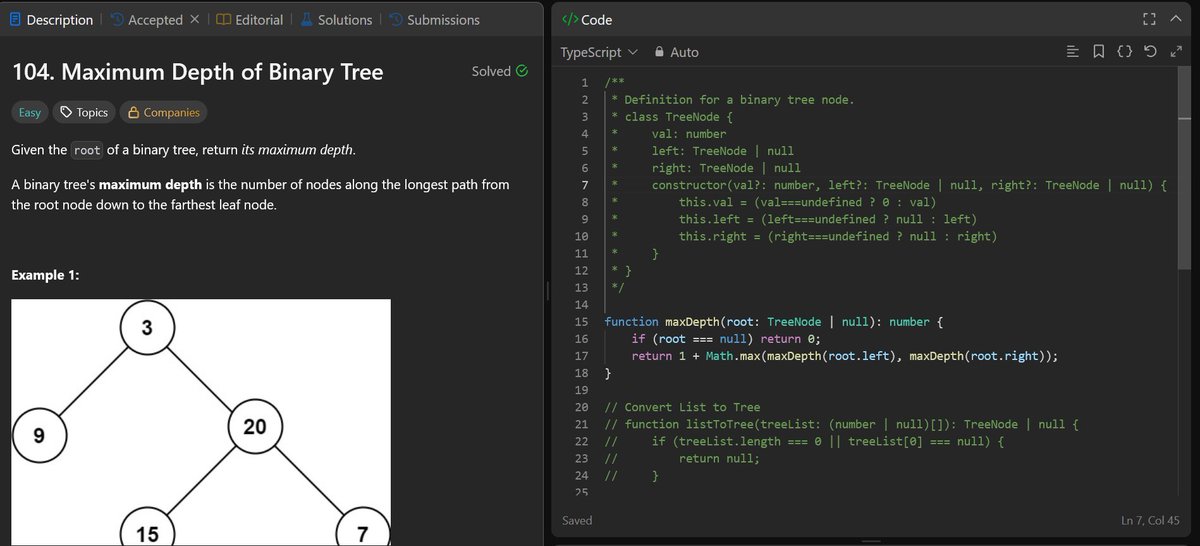 isownow's tweet photo. Day 25: 
➡️Leetcode problem solved - 104. Maximum Depth of Binary Tree. Learned about DFS. 
➡️Practiced selection of multiple options from the drop down in selenium python using 'Select' class.
#100DaysOfCode #LeetCode #Python #TypeScript #Selenium #pytestbdd #SDET https://t.co/ayL7FG9sfP