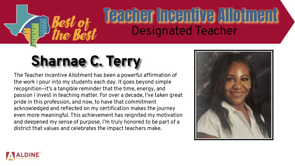 🌟 Teacher Spotlight! 🌟
At Aldine ISD, we know our teachers are the heart of student success — and today we’re celebrating one of our incredible TIA-recognized educators, Sharnae Terry! 

From inspiring classrooms to shaping futures, our teachers go above and beyond every single