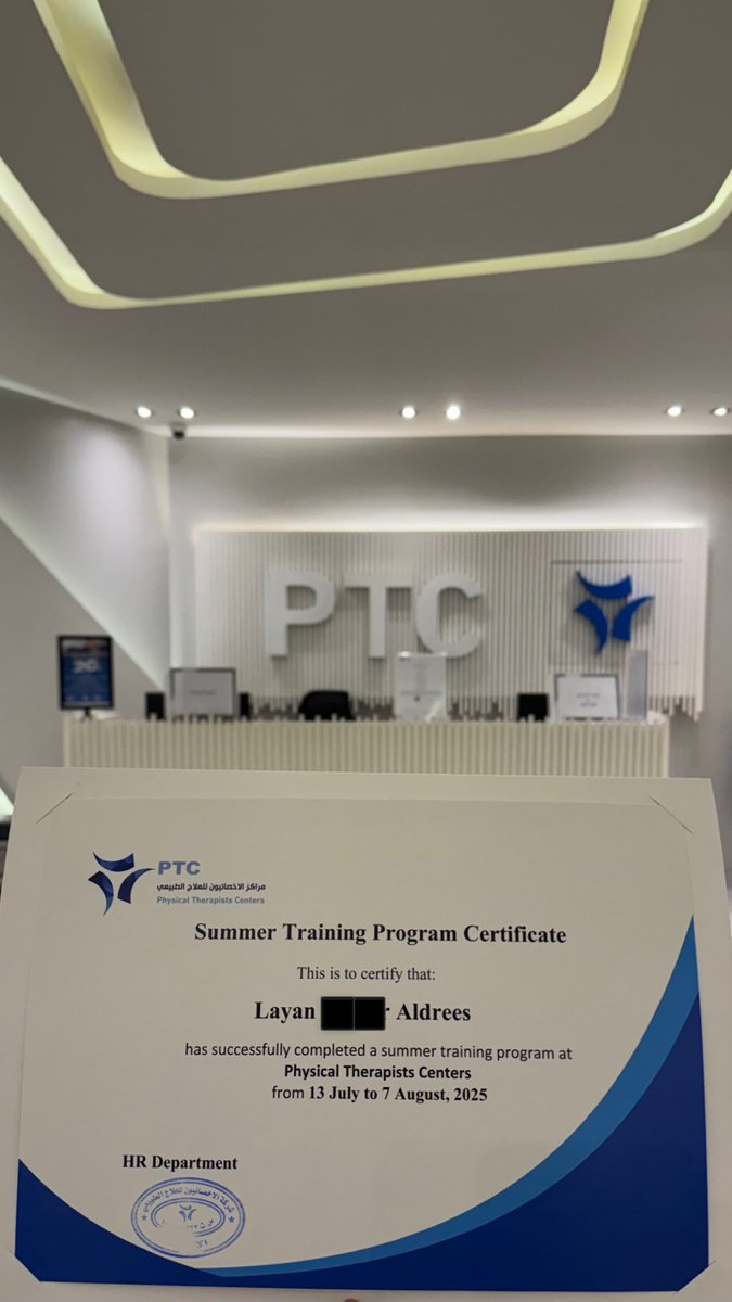الحمدلله أنهيت تدريبي الصيفي لمدة شهر في مراكز الأخصائيون للعلاج الطبيعي.

كانت تجربة رائعة، وممتنة جدًا لكل الأخصائيات على وقتهم وجهودهم ومشاركتهم خبراتهم معي. 🙏🏽