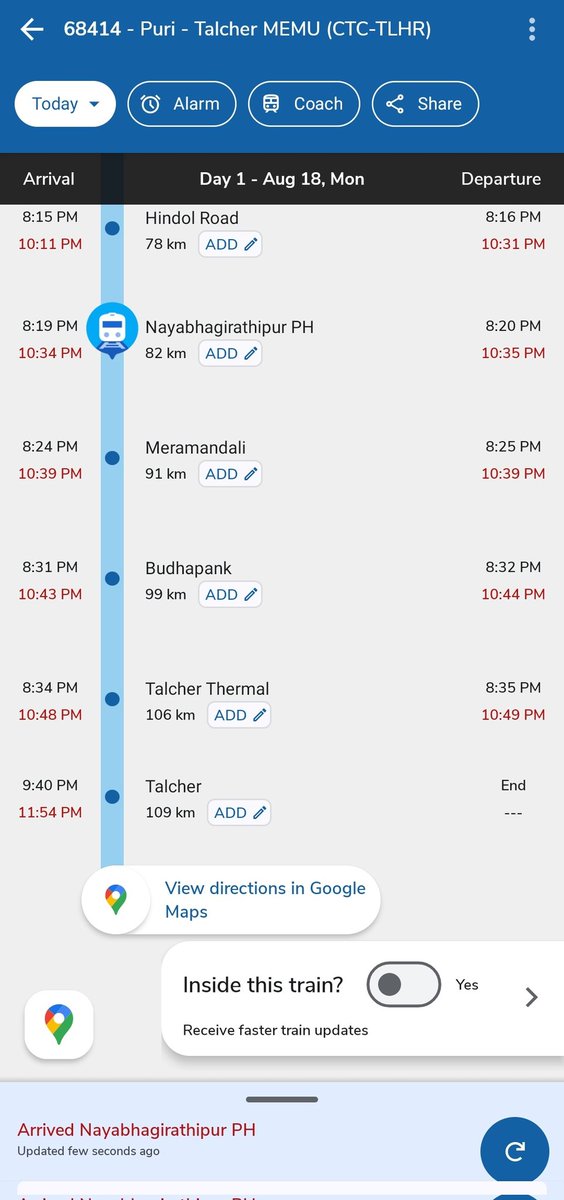 SRIKANT GOCHHAYAT (Ṧ𝗈cᎥáأᎥŝ𝖙) ✍️ (@srikant_talcher) on Twitter photo 👇
"Train No. 68414 is running 2 hours late. Kindly look into the matter and resolve the issue at the earliest. <a href="/RailMinIndia/">Ministry of Railways</a> <a href="/DRMKhurdaRoad/">DRM KhurdaRoad</a> <a href="/RailwaySeva/">RailwaySeva</a> 👇
"Train No. 68414 is running 2 hours late. Kindly look into the matter and resolve the issue at the earliest. <a href="/RailMinIndia/">Ministry of Railways</a> <a href="/DRMKhurdaRoad/">DRM KhurdaRoad</a> <a href="/RailwaySeva/">RailwaySeva</a>