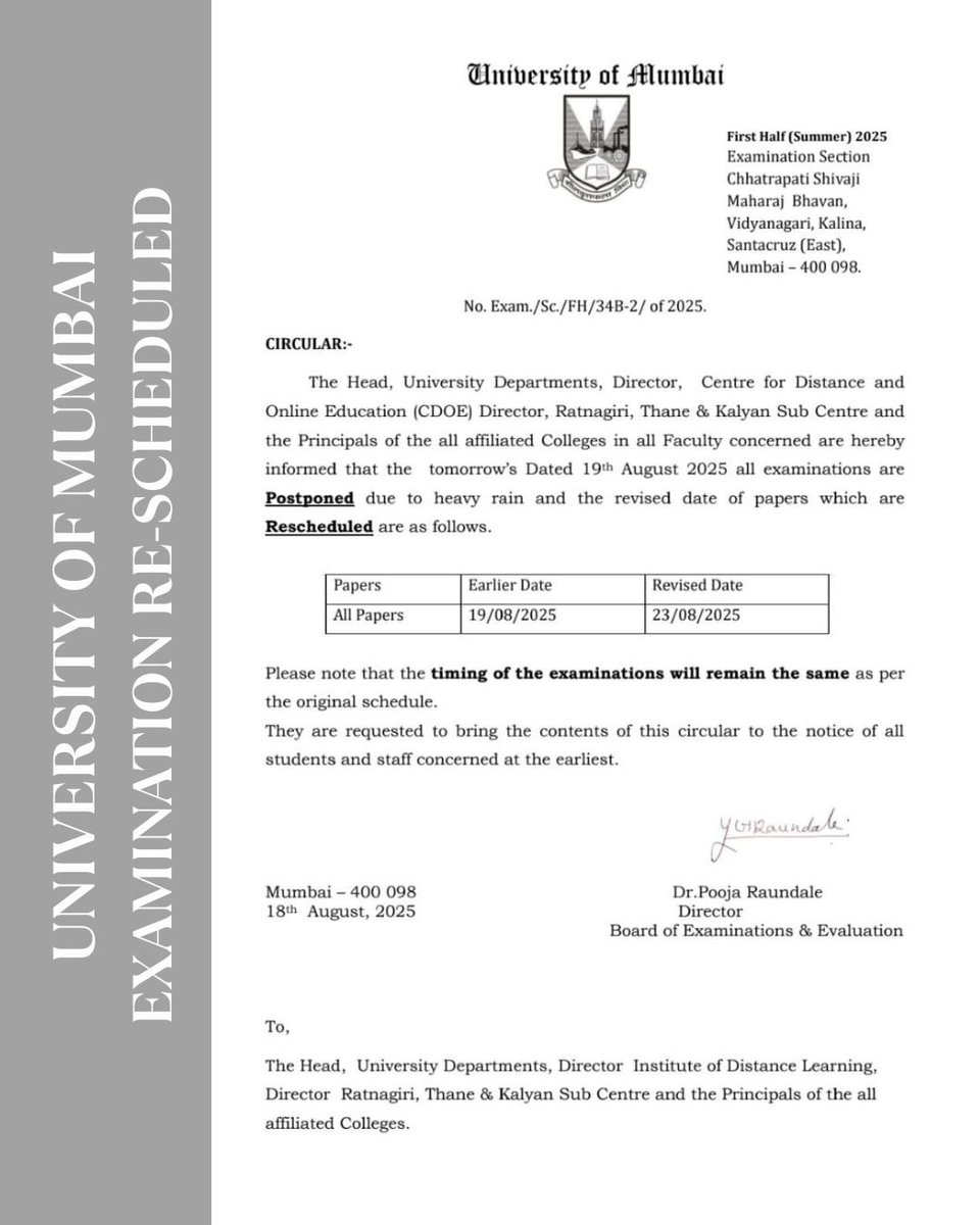 Uni_Mumbai's tweet photo. Examination Rescheduled https://t.co/SbAyH7ut1O