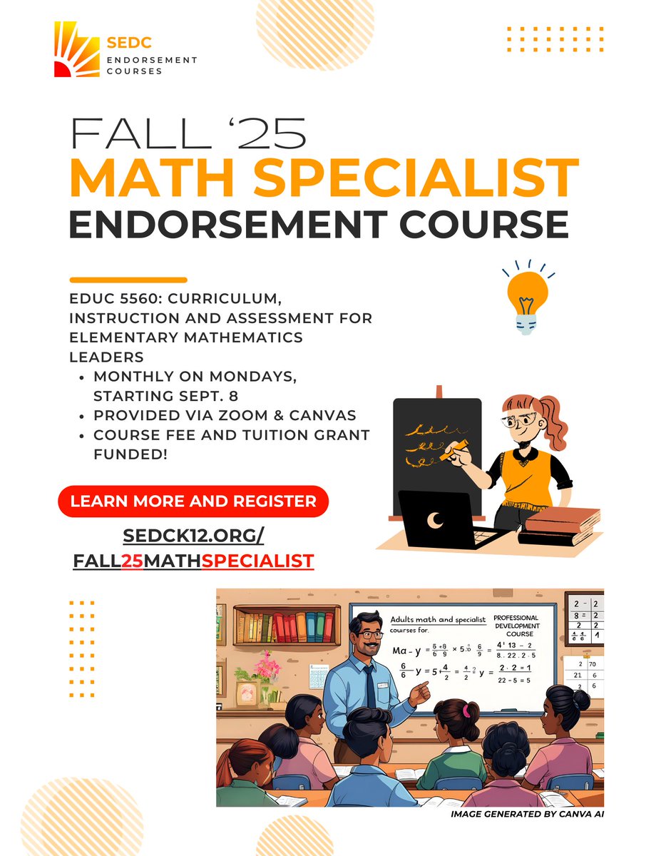 Become a Math Specialist! 📊 Our Fall '25 endorsement course is grant funded and starts Sept 8. Learn more &amp; register now: sedck12.org/fall25mathspec… #MathEd #sedck12 #uted