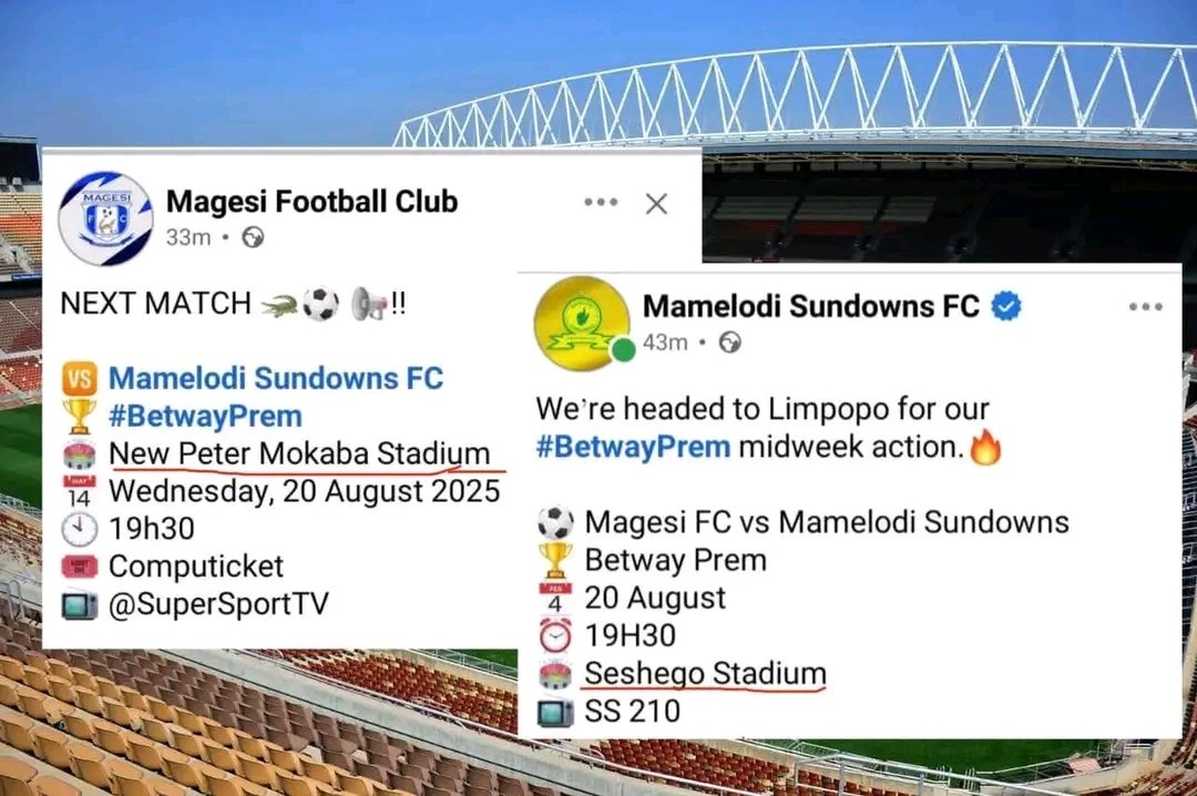 π΄ππππβ³πΆπξ¨πππ (@yell0man) on Twitter photo <a href="/Magesi_FC/">Magesi Football Club</a> & <a href="/Masandawana/">Mamelodi Sundowns FC</a> β HUGE CONCERN!
Both clubs announced 20 Aug fixture at DIFFERENT venues:
> Sundowns: Seshego π
> Magesi: New Peter Mokaba π
>
>This risks fan chaos,travel costs & safety issues
>PLEASE CLARIFY: Which Venue is confirmed
#Sundowns #BetwayPrem <a href="/Magesi_FC/">Magesi Football Club</a> & <a href="/Masandawana/">Mamelodi Sundowns FC</a> β HUGE CONCERN!
Both clubs announced 20 Aug fixture at DIFFERENT venues:
> Sundowns: Seshego π
> Magesi: New Peter Mokaba π
>
>This risks fan chaos,travel costs & safety issues
>PLEASE CLARIFY: Which Venue is confirmed
#Sundowns #BetwayPrem