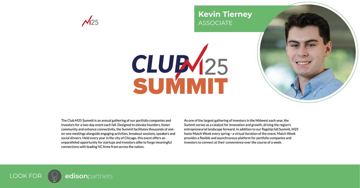 Edison_Partners's tweet image. Will your team be in Chicago this week for @M25vc? ⚡ 

Say hi to Associate Kevin Tierney!

#clubm25 #m25summit #electrifyinggrowth