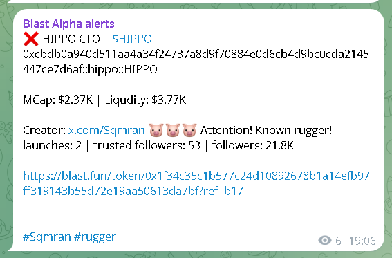 Cleverman/Shadow Alex 「🦑」🦭/acc (@cleverman_alex) on Twitter photo One more unclean dev launching tokens on <a href="/blastdotfun/">blast.fun 🪖</a> has been identified.
<a href="/Sqmran/">Sqmran.Sui💧🎮🔋</a> created several tokens and sold them all
BE careful.
You would have this information if you were in our $BLAST alpha channel in TG
P.S. To have access to our Alpha Channel, you need to One more unclean dev launching tokens on <a href="/blastdotfun/">blast.fun 🪖</a> has been identified.
<a href="/Sqmran/">Sqmran.Sui💧🎮🔋</a> created several tokens and sold them all
BE careful.
You would have this information if you were in our $BLAST alpha channel in TG
P.S. To have access to our Alpha Channel, you need to