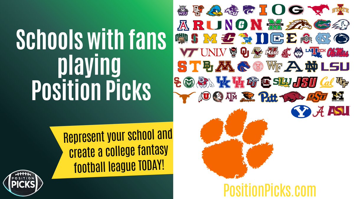 Bowman Bagley (@thebowmanbagley) on Twitter photo Clemson is our 76th school to have fans playing Position Picks college fantasy football #CFF!
<a href="/CSG_Clemson/">CSG Clemson Tigers</a>
Still missing about half the schools. Let's get them on board before the seasons starts! Clemson is our 76th school to have fans playing Position Picks college fantasy football #CFF!
<a href="/CSG_Clemson/">CSG Clemson Tigers</a>
Still missing about half the schools. Let's get them on board before the seasons starts!