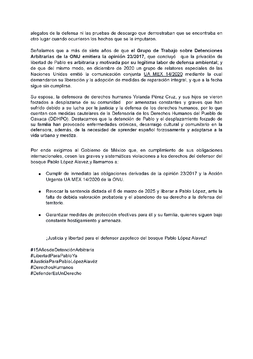 #Comunicado

📢 A 15 años de su detención arbitraria, exigimos la liberación inmediata de Pablo López Alavez, indígena zapoteco y defensor del bosque 🌲

Basta de criminalización ‼️

✊ Organizaciones internacionales, mexicanas y oaxaqueñas alzamos la voz 🌎
