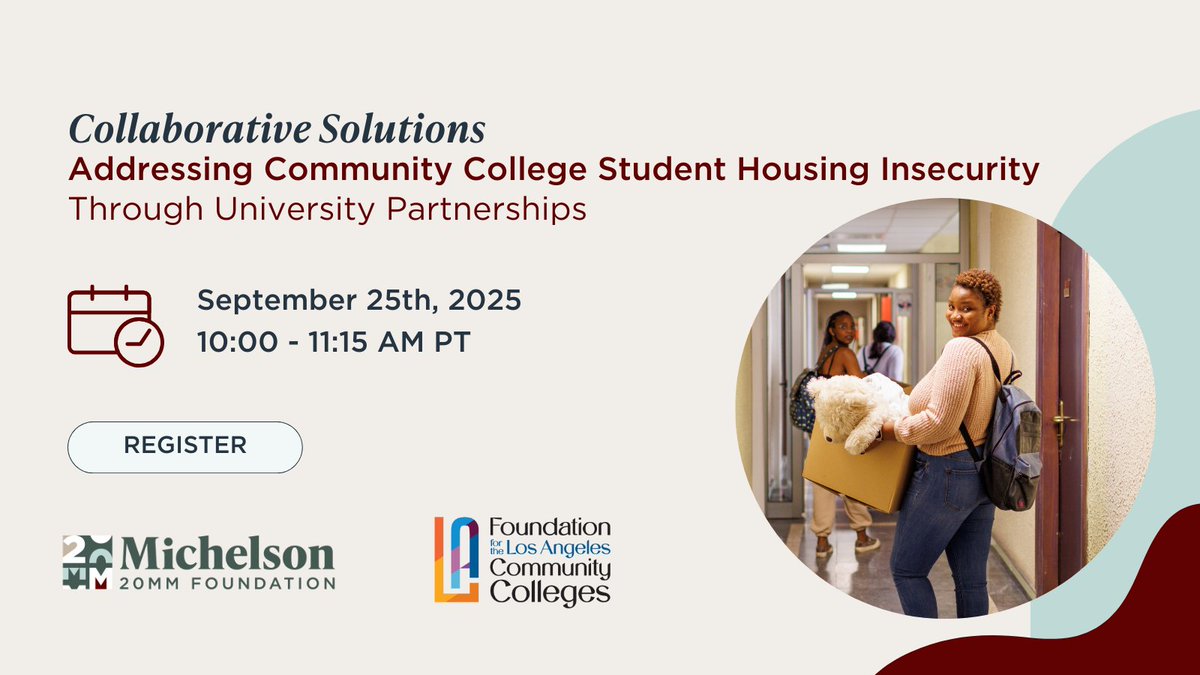 Michelson20MM's tweet image. 55% of @laccd students face housing insecurity while 19% are homeless. Join us on Sept 25 to hear from the Foundation for the California Community Colleges on how institutions are teaming up to fix that, supported by a #SparkGrant: 20mm.org/event/collabor… #StudentHousing
