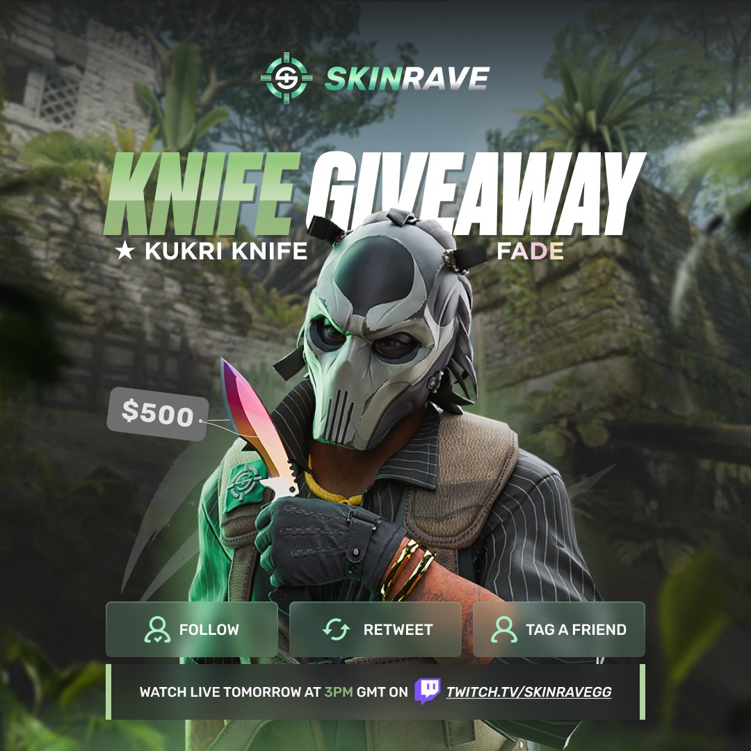 🔥 THE HUNT DROPS TOMORROW 🔥

Featuring an NRG vs Wildcard Showmatch — don’t miss it!

🎁 FN Kukri Knife Giveaway
1⃣ RT + Follow + Tag a friend
2⃣ Reply w/ your Twitch name
3⃣ Be lvl 10+ on skinrave.gg
4⃣ Must Watch LIVE: twitch.tv/skinravegg | 3PM GMT