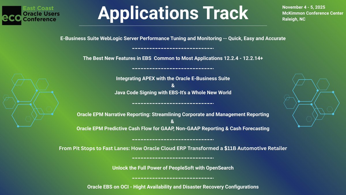 EastCoastOracle's tweet image. ECO 2025 connects experts &amp;amp; peers to share real-world tips &amp;amp; strategies for getting the most from Oracle Applications. The Applications Track delivers insights you can apply immediately. Speaker details are on the way! eastcoastoracle.org #ECO2025
#OracleApplications #Oracle