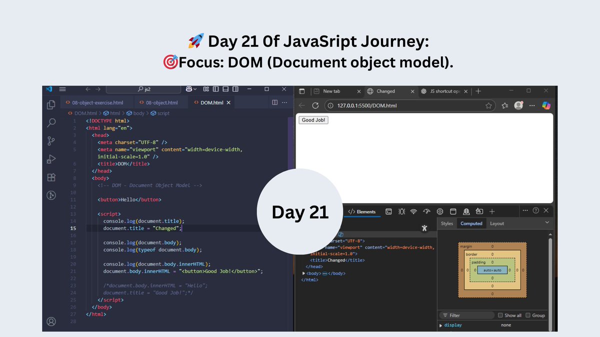 OfojebeT367's tweet image. Day 21 of my JavaScript journey
Learning the DOM (Document Object Model).
Coolest thing? When HTML enters JS, it becomes an object!
With the DOM, I can:
Change text
Update elements
Add new code dynamically
Crazy powerful stuff.
#100DaysOfCode #javascriptdev