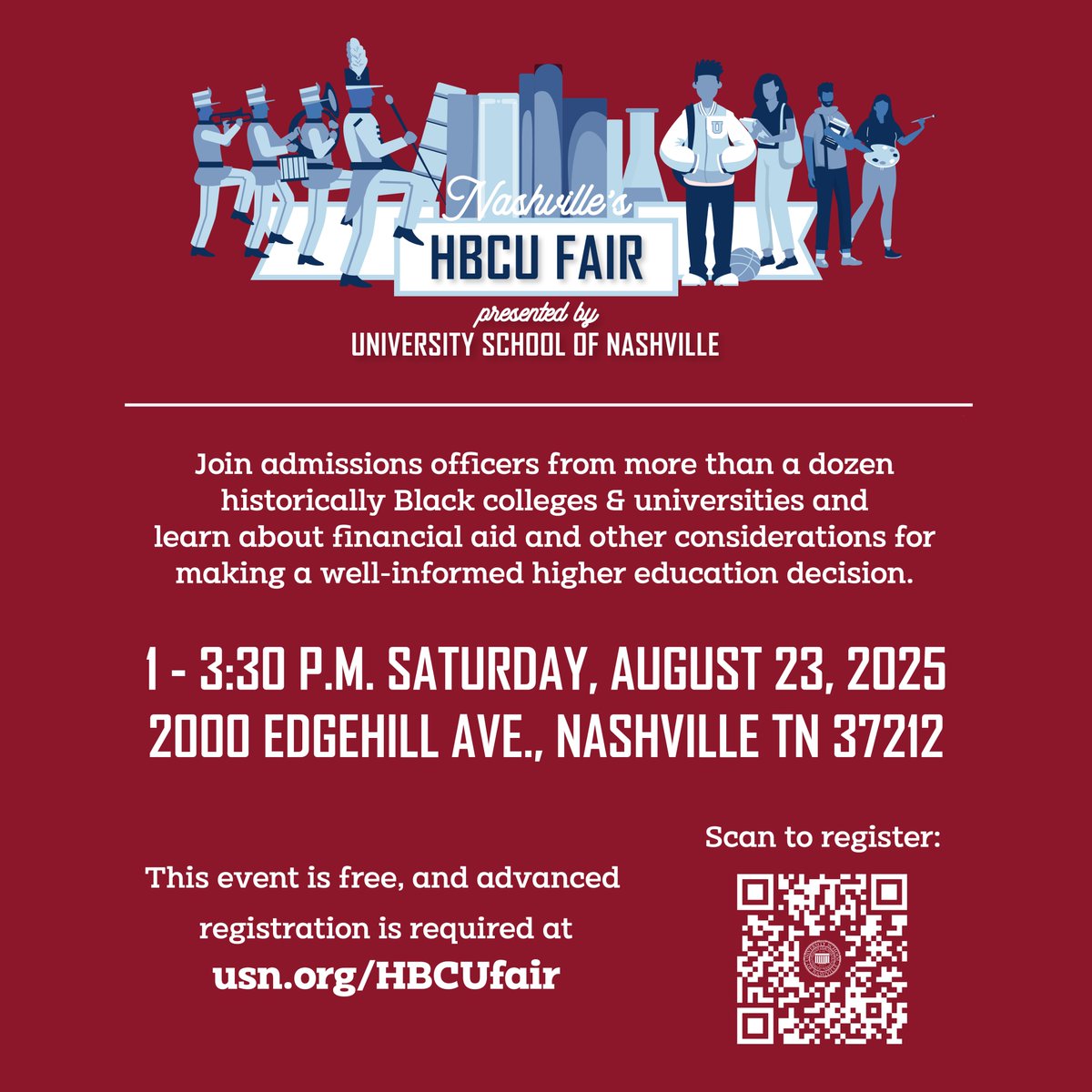 Nashville's HBCU Fair will be held at the University School of Nashville on Sat, Aug. 23! Reps from more than a dozen historically Black colleges/universities will be there to meet and answer questions. Event is free, but students must register to attend: usn.org/HBCUfair