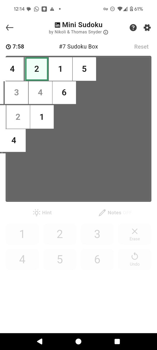 BarbadosYev's tweet image. Mini Sudoku #7 | 7:58 and flawless ✏️
🏅 I’m on a 4-day win streak!
The classic game, made mini. Handcrafted by the originators of “Sudoku.”
lnkd. in/minisudoku. #cme3 

#linkedinlearning -- can&apos;t count to 3 and this my favorite split - 3 to 6
