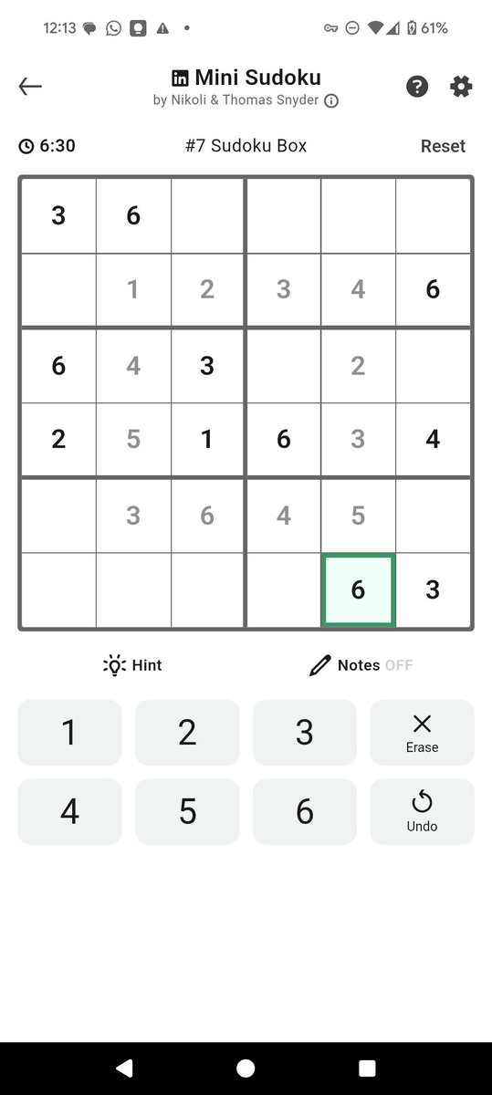 BarbadosYev's tweet image. Mini Sudoku #7 | 7:58 and flawless ✏️
🏅 I’m on a 4-day win streak!
The classic game, made mini. Handcrafted by the originators of “Sudoku.”
lnkd. in/minisudoku. #cme3 

#linkedinlearning -- can&apos;t count to 3 and this my favorite split - 3 to 6