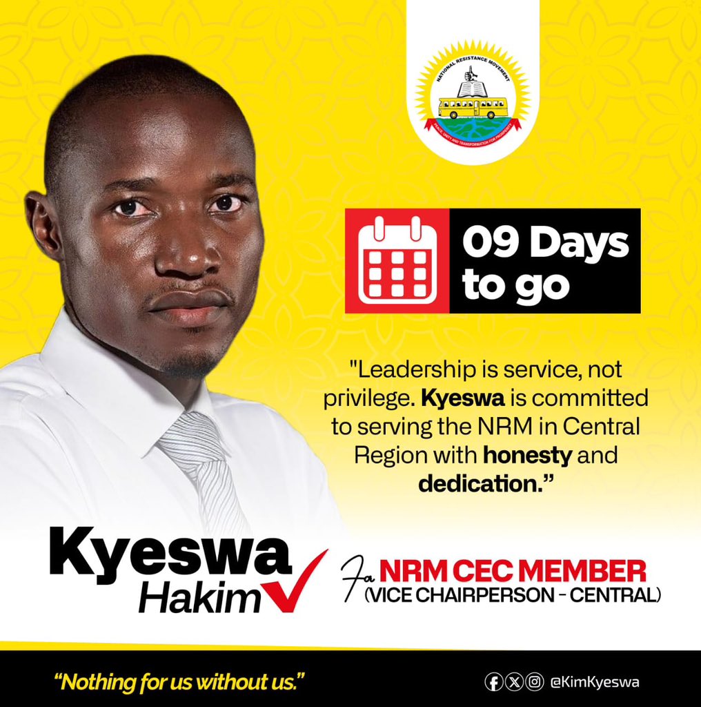 kobusiinge_256's tweet photo. “Leadership is service, not privilege.
✅ 9 days to go! Kyeswa Hakim is ready to serve the Central Region with honesty, dedication & loyalty to the NRM.” Let's rally behind him 👏
#KyeswaHakim #NRM #DelegatesConference @Kimkyeswa @NRMOnline #Settle4TheBest @PatienceNamudd3